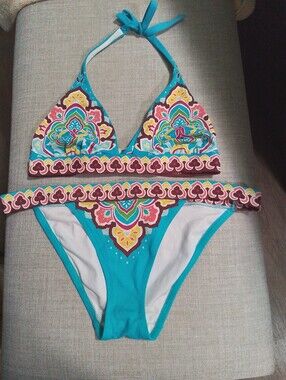Vintage And Htf Pink Victorias Secret Turquoise Multicolor Printed Bikini Set